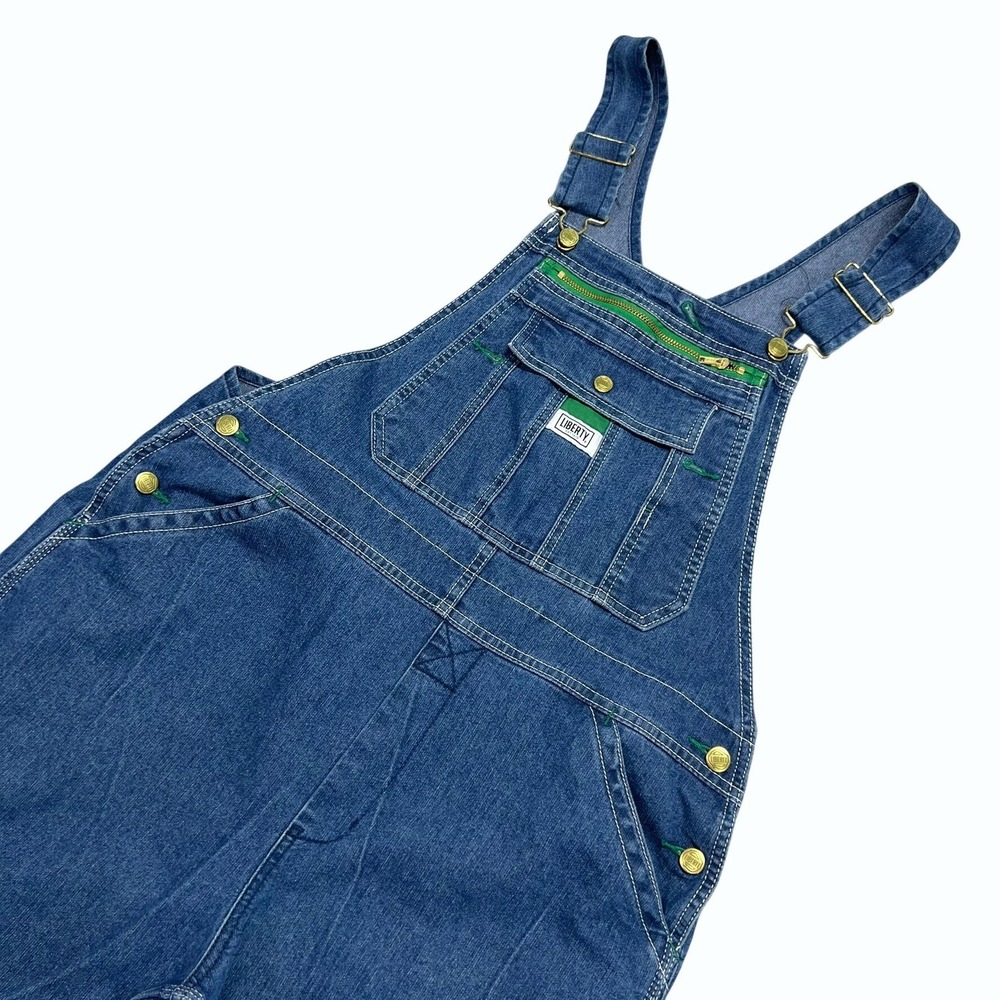 Liberty Mens Blue Denim Overalls Bib Workwear Green Zipper Large Farming Work